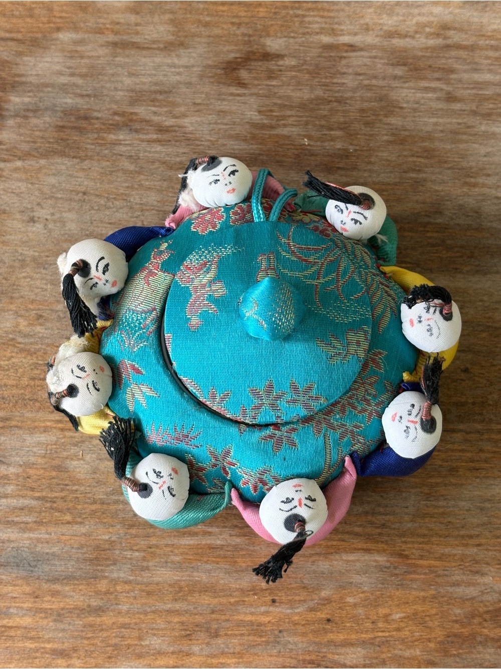 VTG Chinese silk brocade pincushion trinket box.
